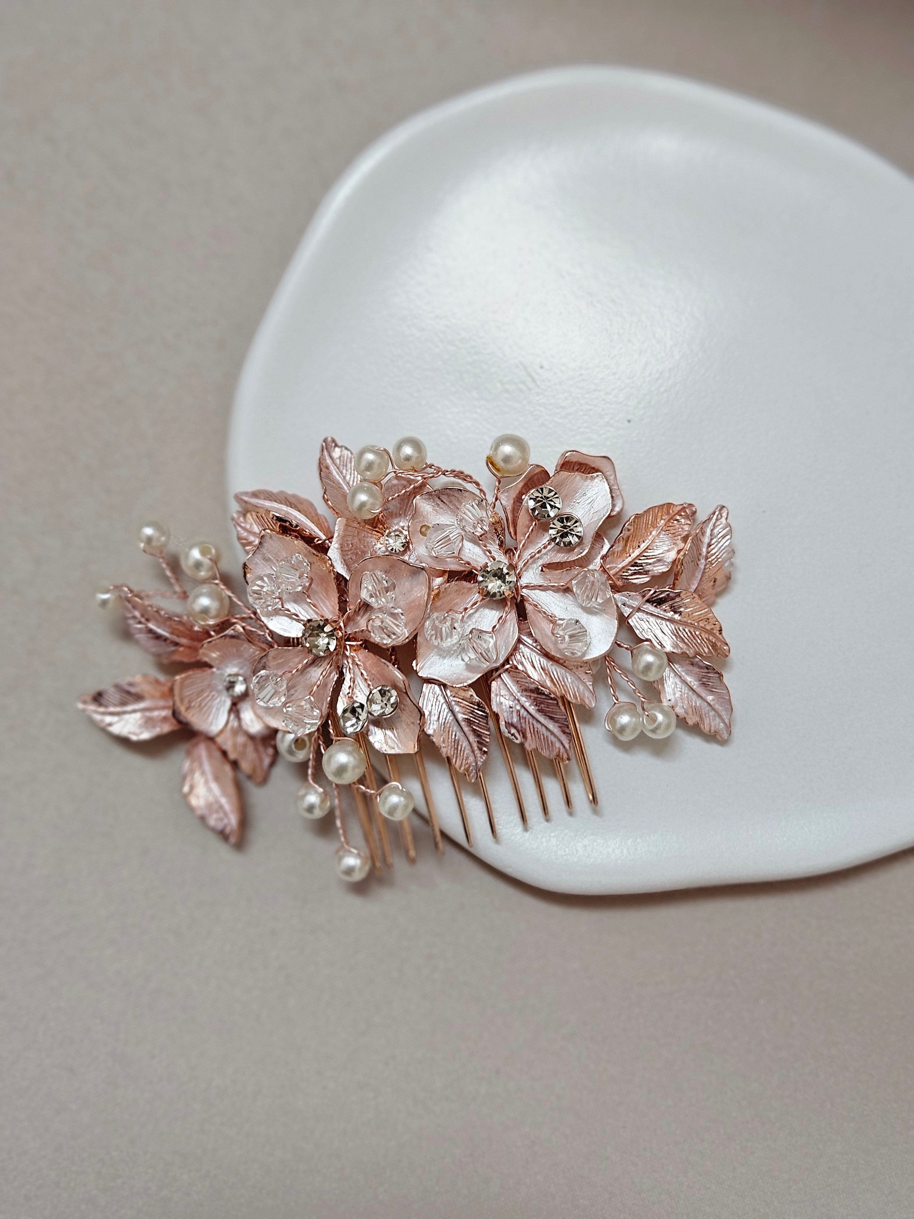 Rose Gold Pink Floral Hair Comb - AHPP