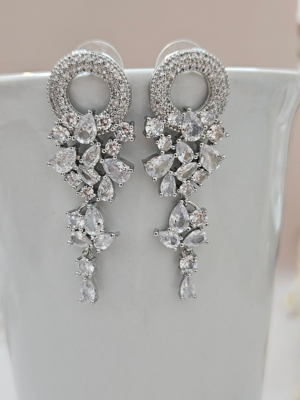 Long Delicate Chandelier Silver Crystal Earrings