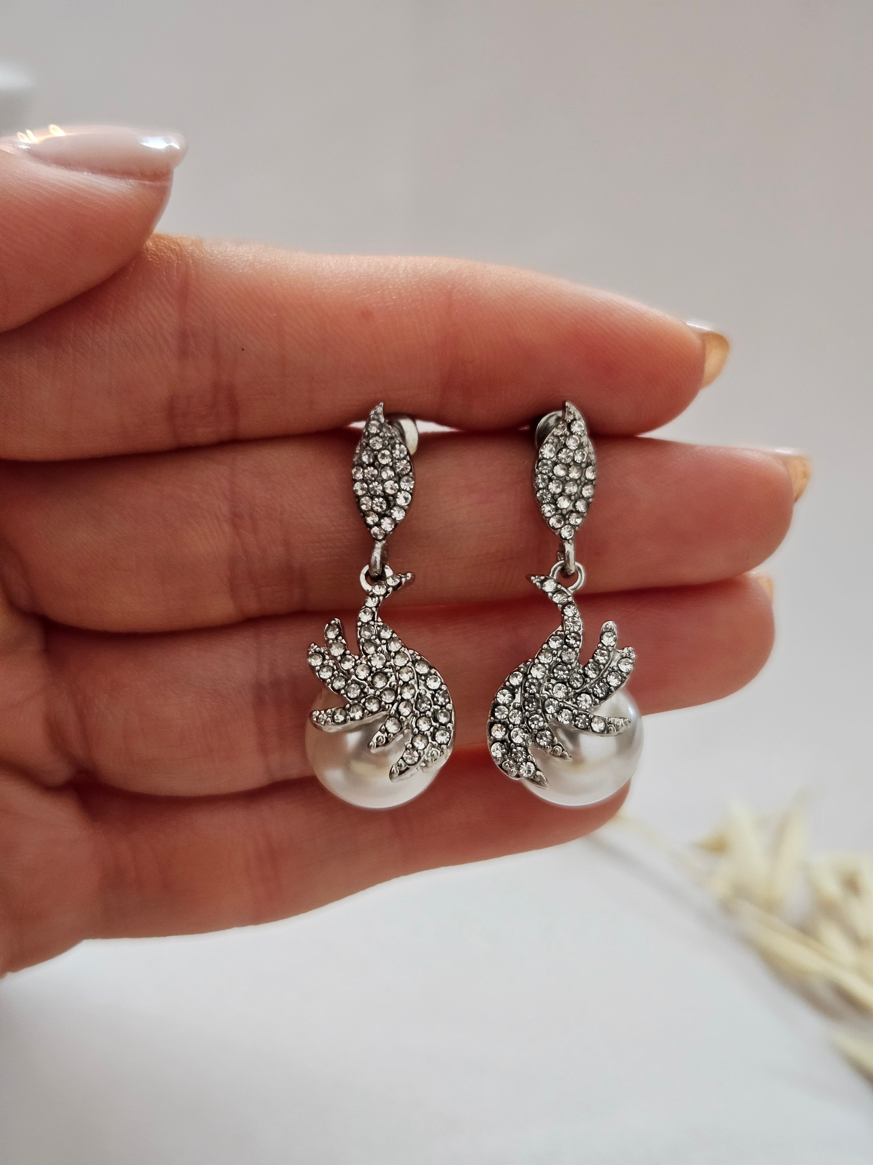 Long Statement Crystal Pearl Drop Earrings - AESP46