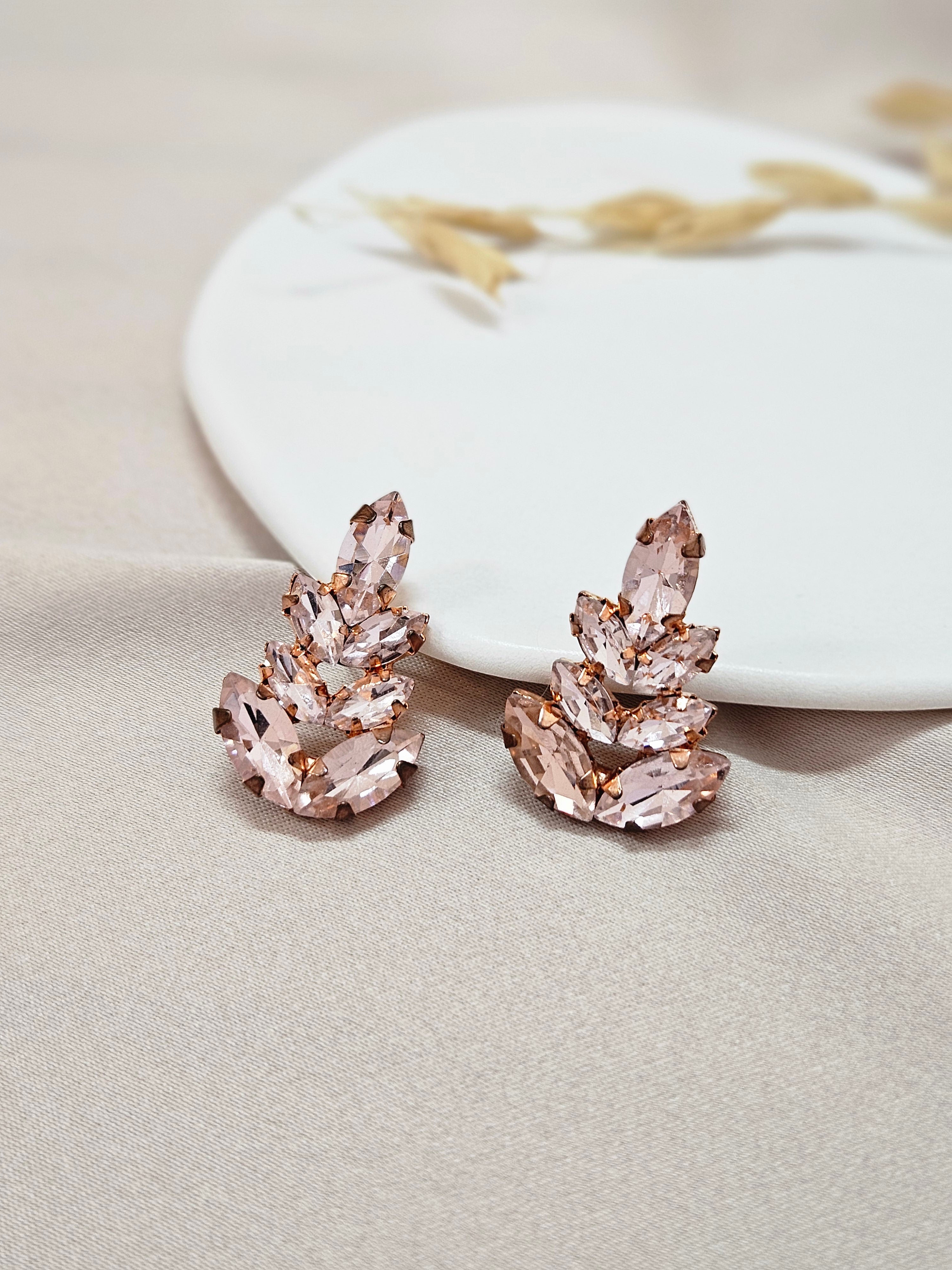 Pink Statement Leaf Crystal Stud Earrings - AESC31