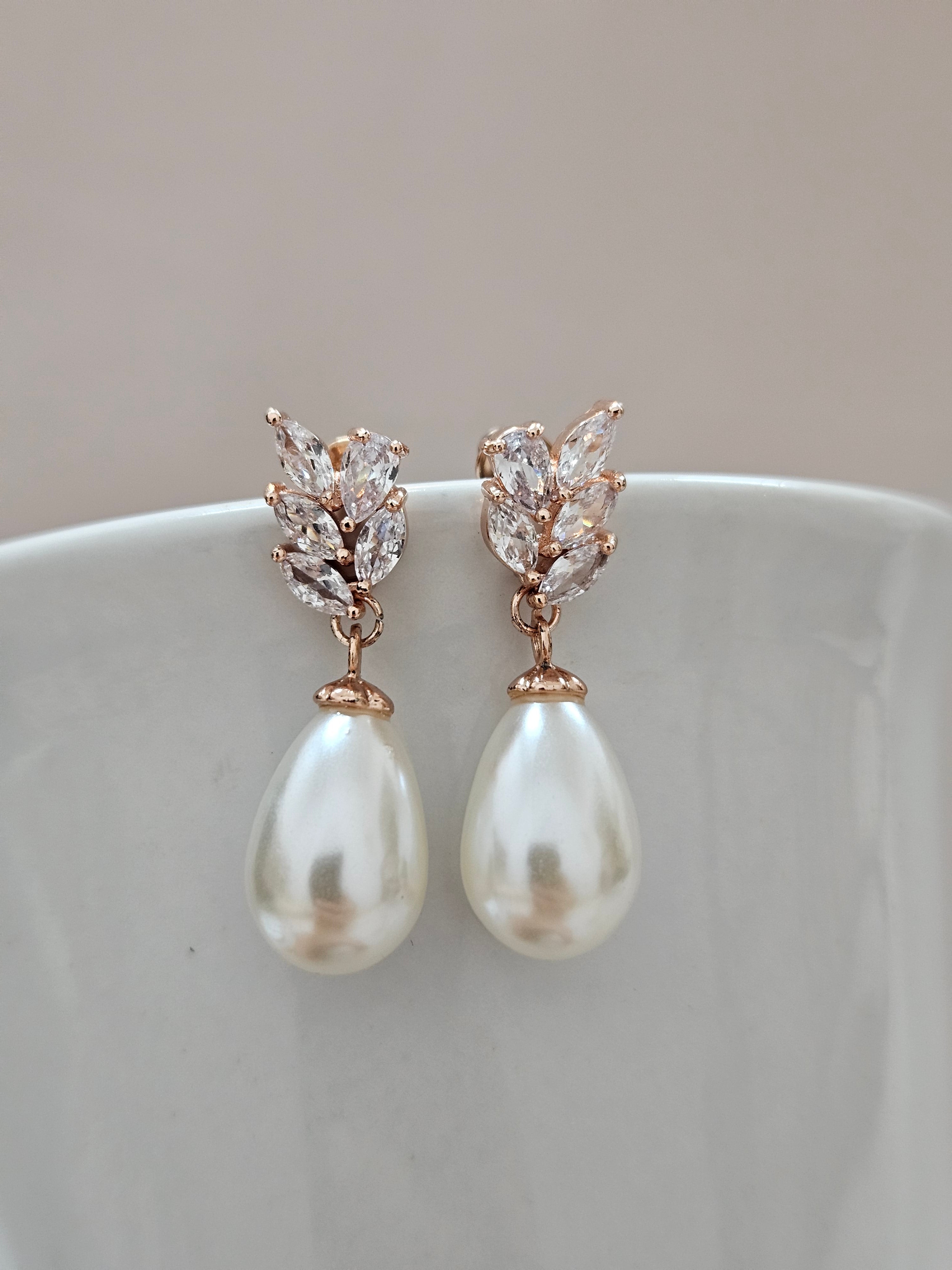Pearl Drop Rose Gold Crystal Earrings - AERP5