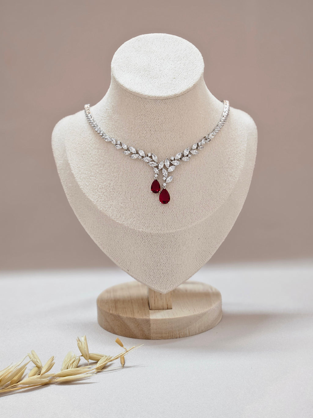 burgundy red silver two drop crystals necklace 