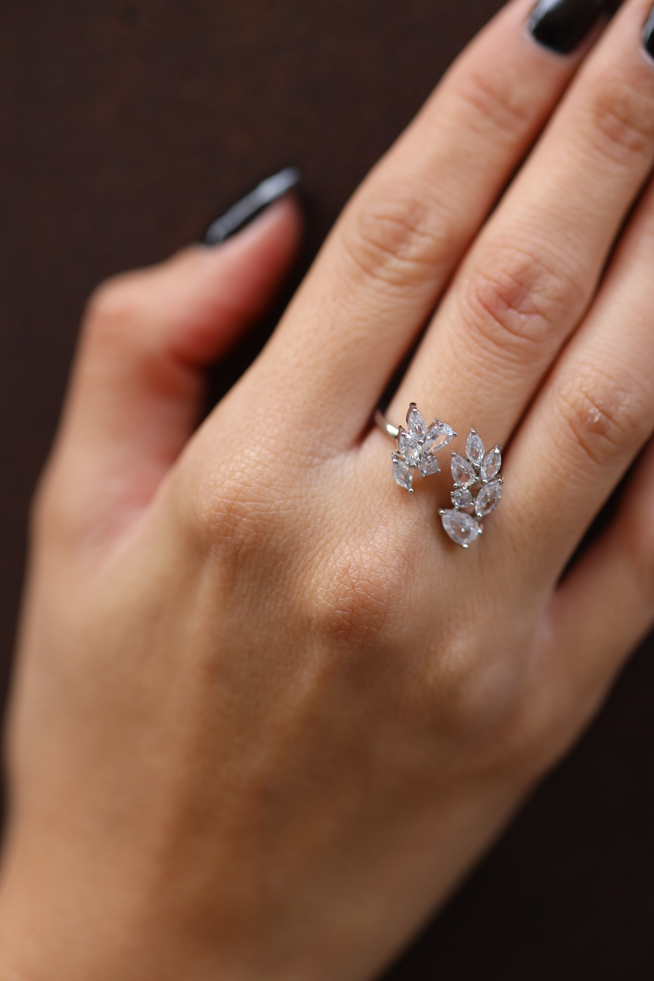 Delicate Silver Open Cuff Crystal Ring - AESC29