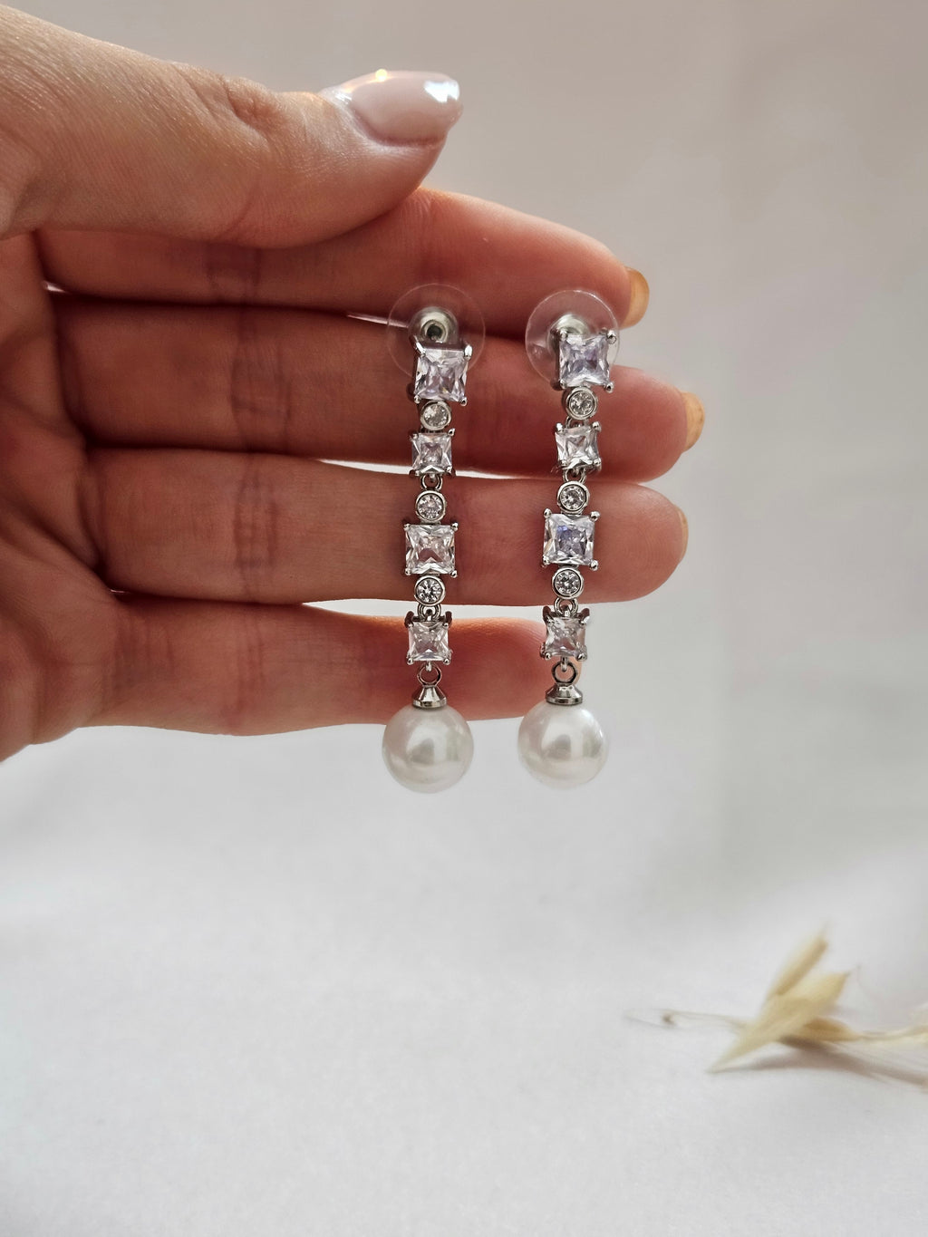 bridal long cubic zirconia drop pearl earrings