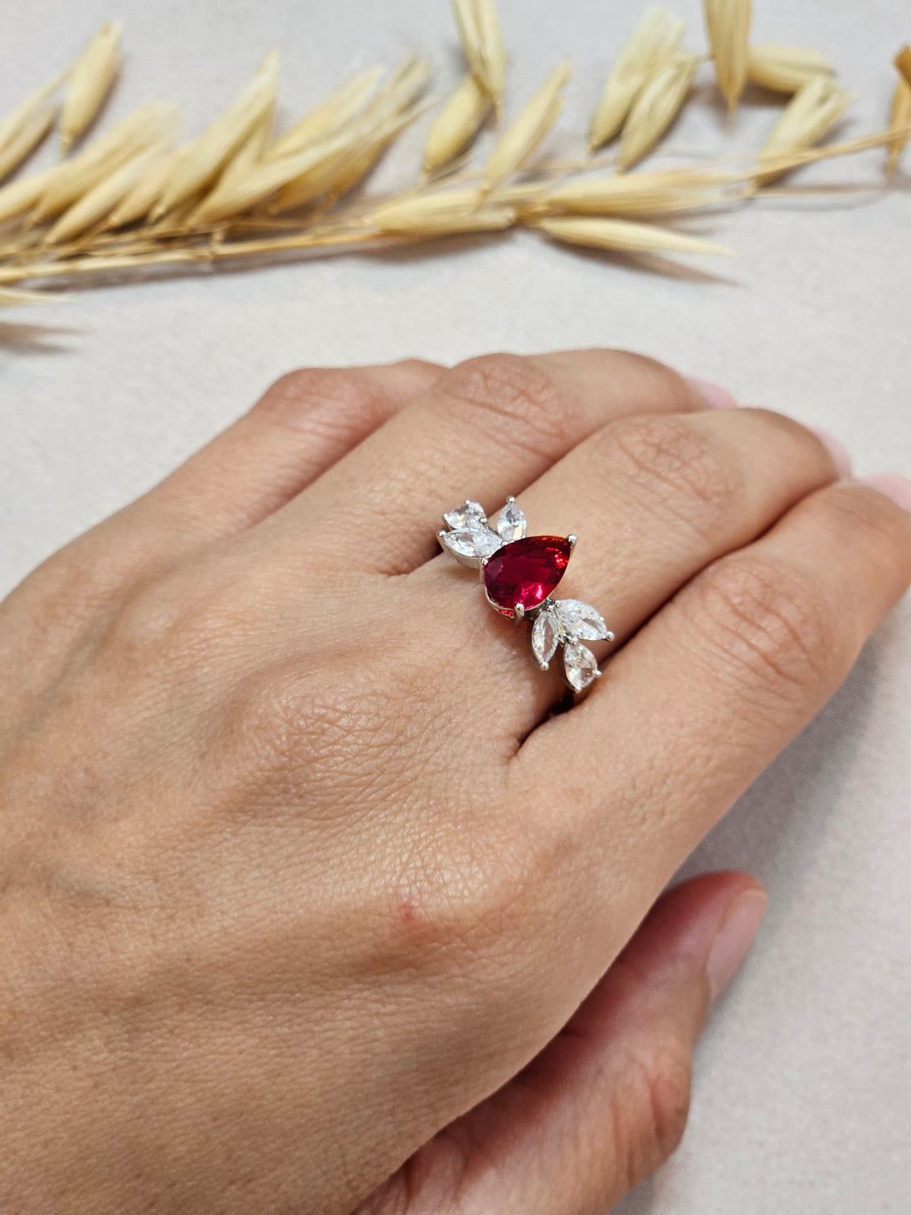 red tear drop crystals adjustable ring 