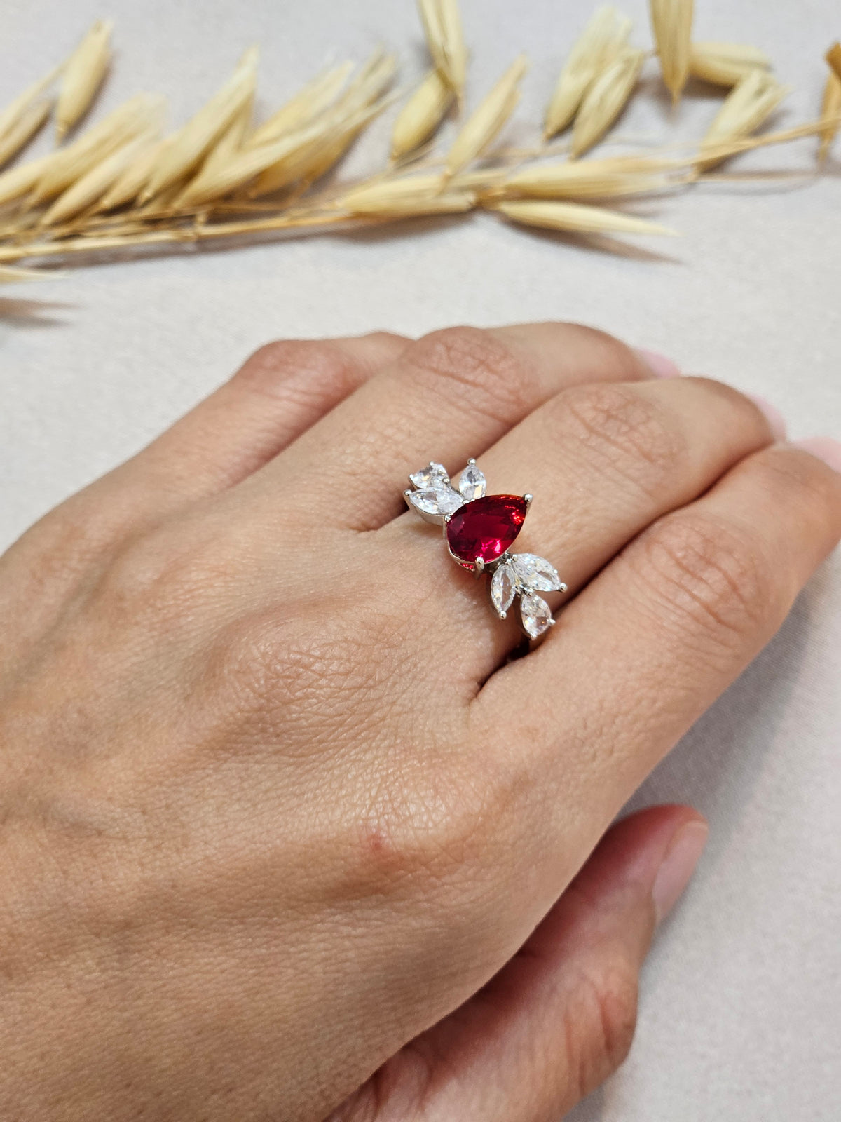 red tear drop crystals adjustable ring 