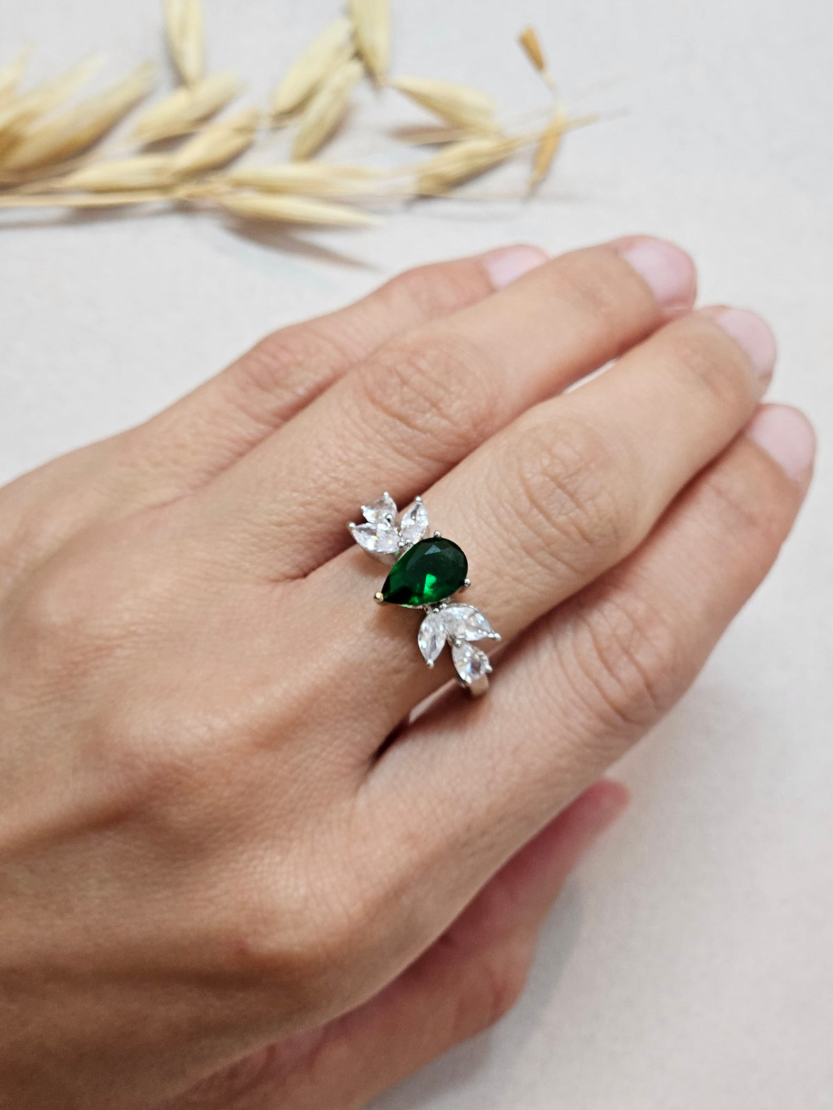 emerald green and silver adjustable CZ ring