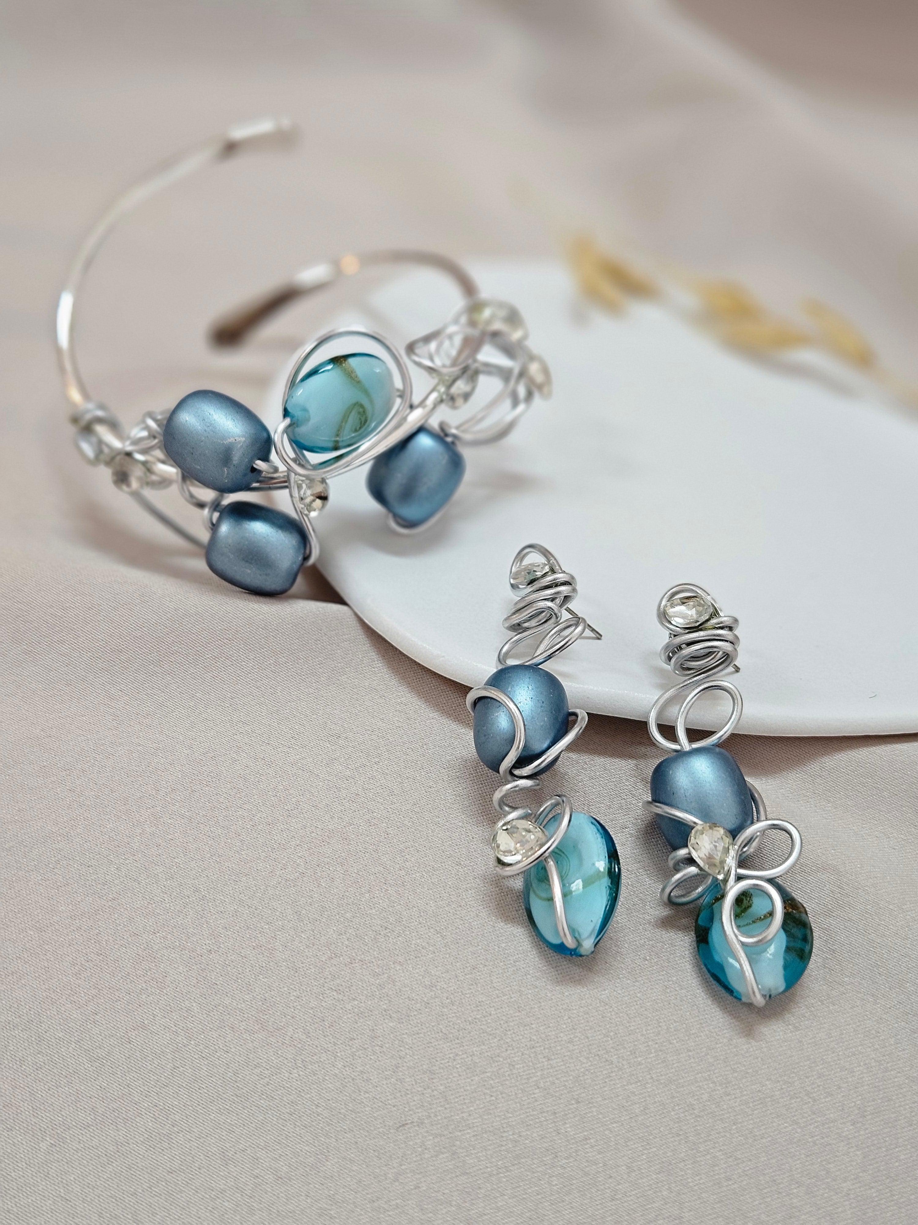 Assymmetical Blue Beaded Bracelet Set - Hbssb