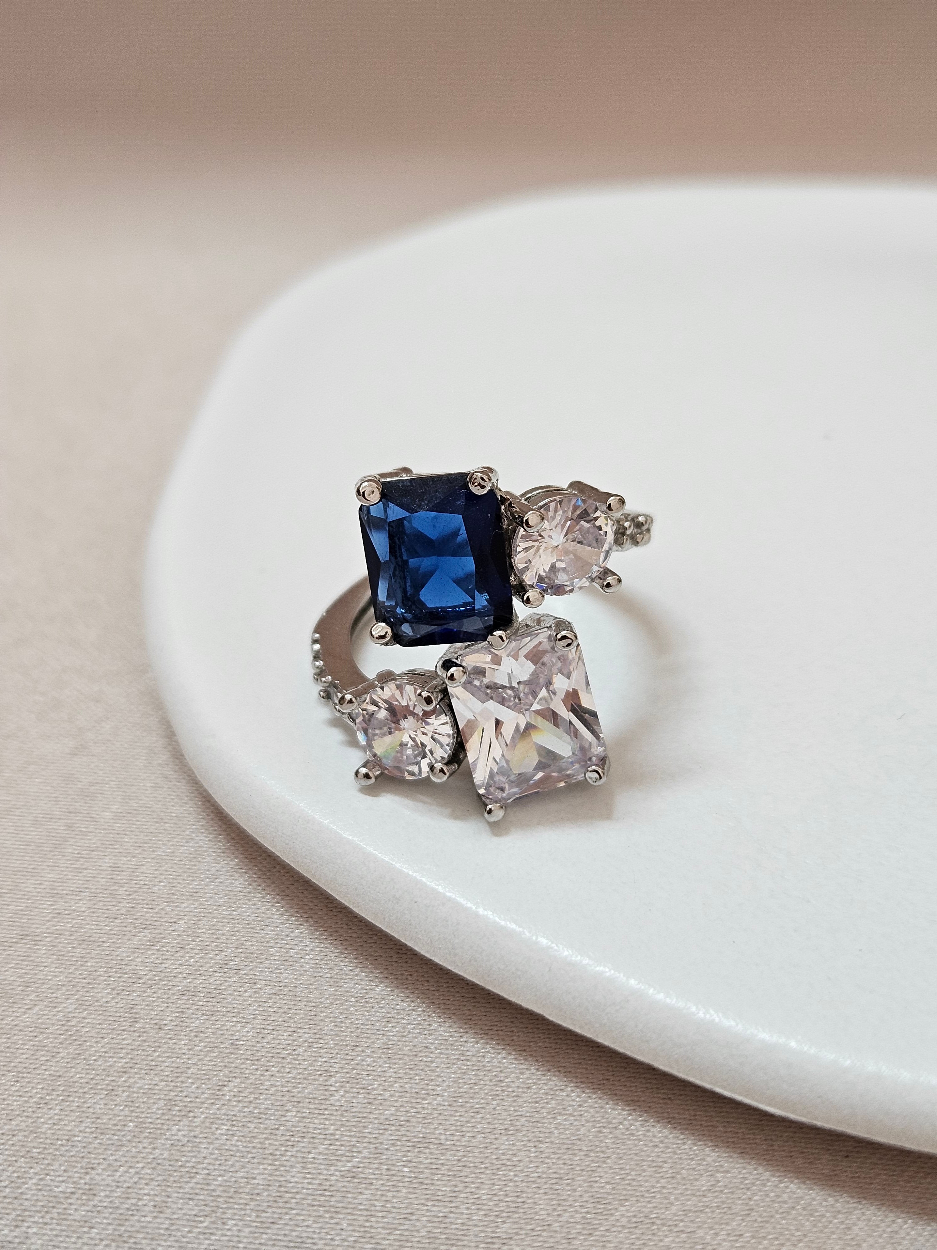 Square Dark Blue Crystal Open Cuff Ring - ARBC
