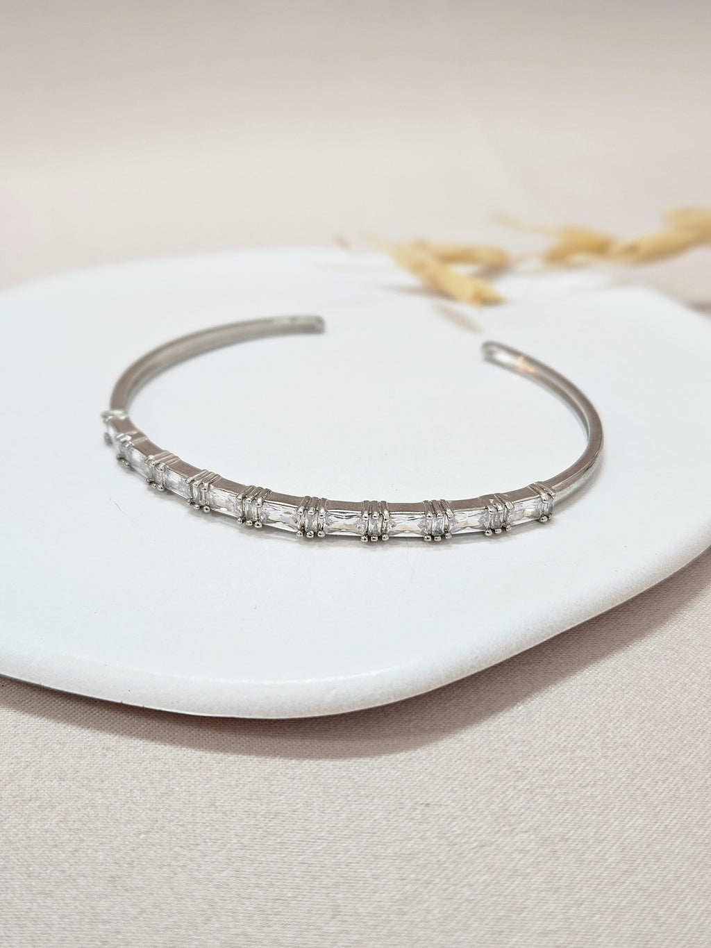 Silver Crystal Bridal Bangle — Adjustable Cuff Bracelet