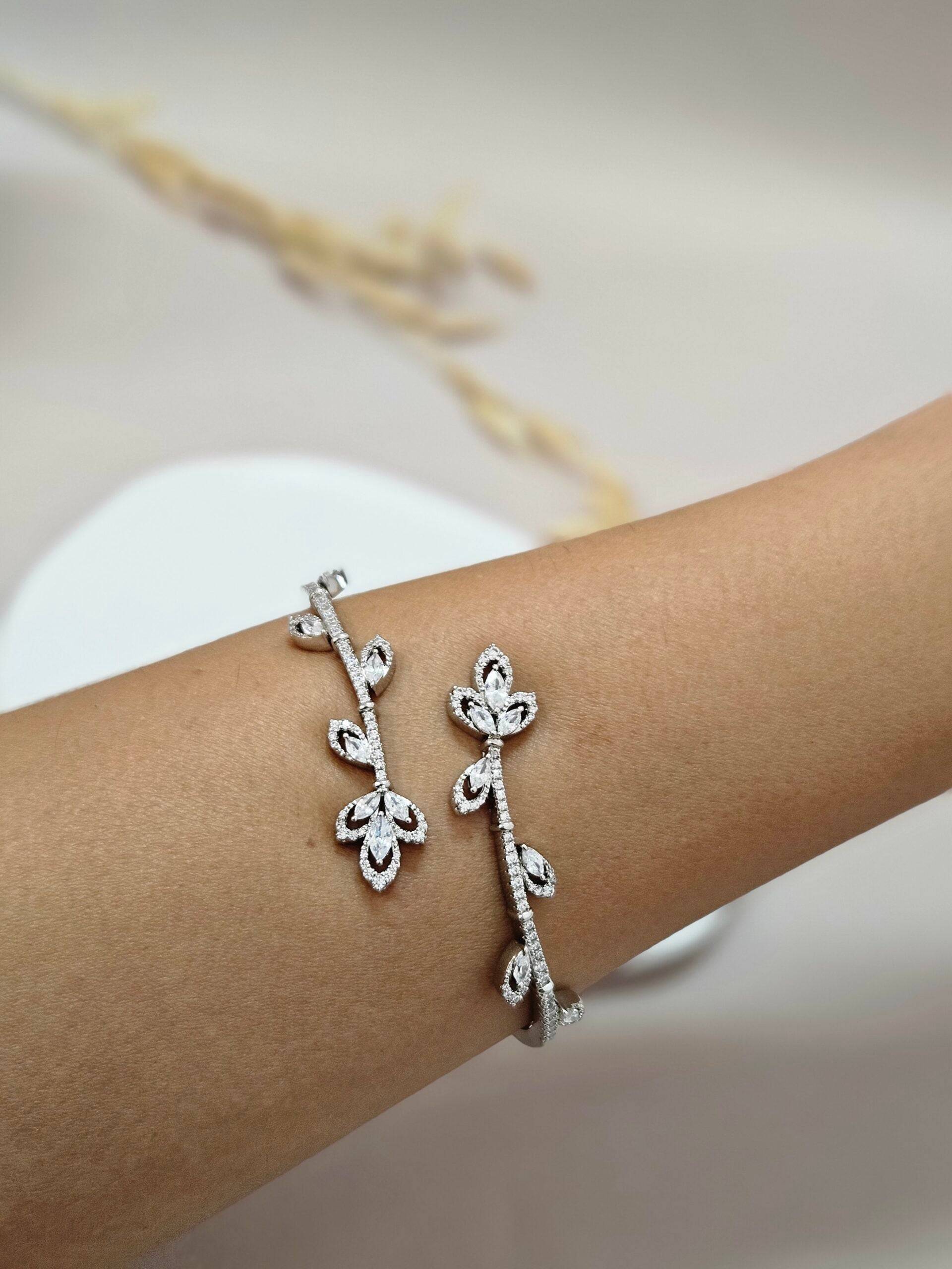 cubic zirconia silver floral open cuff bridal 