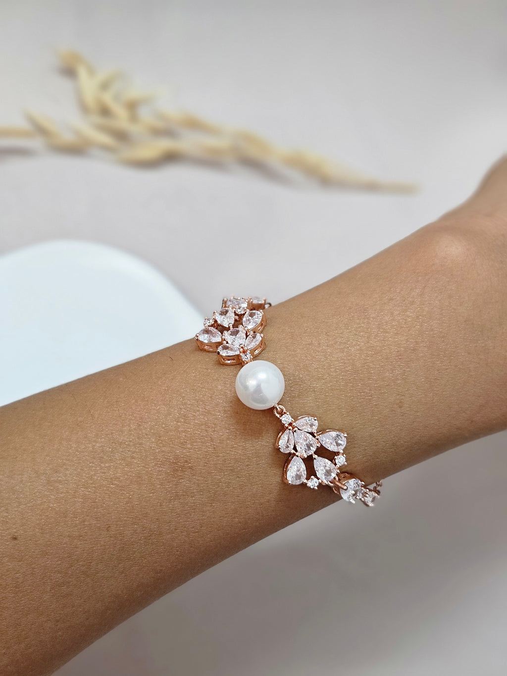 bridal rosegold pearl cubic zirconia crystal chain bridal bracelet
