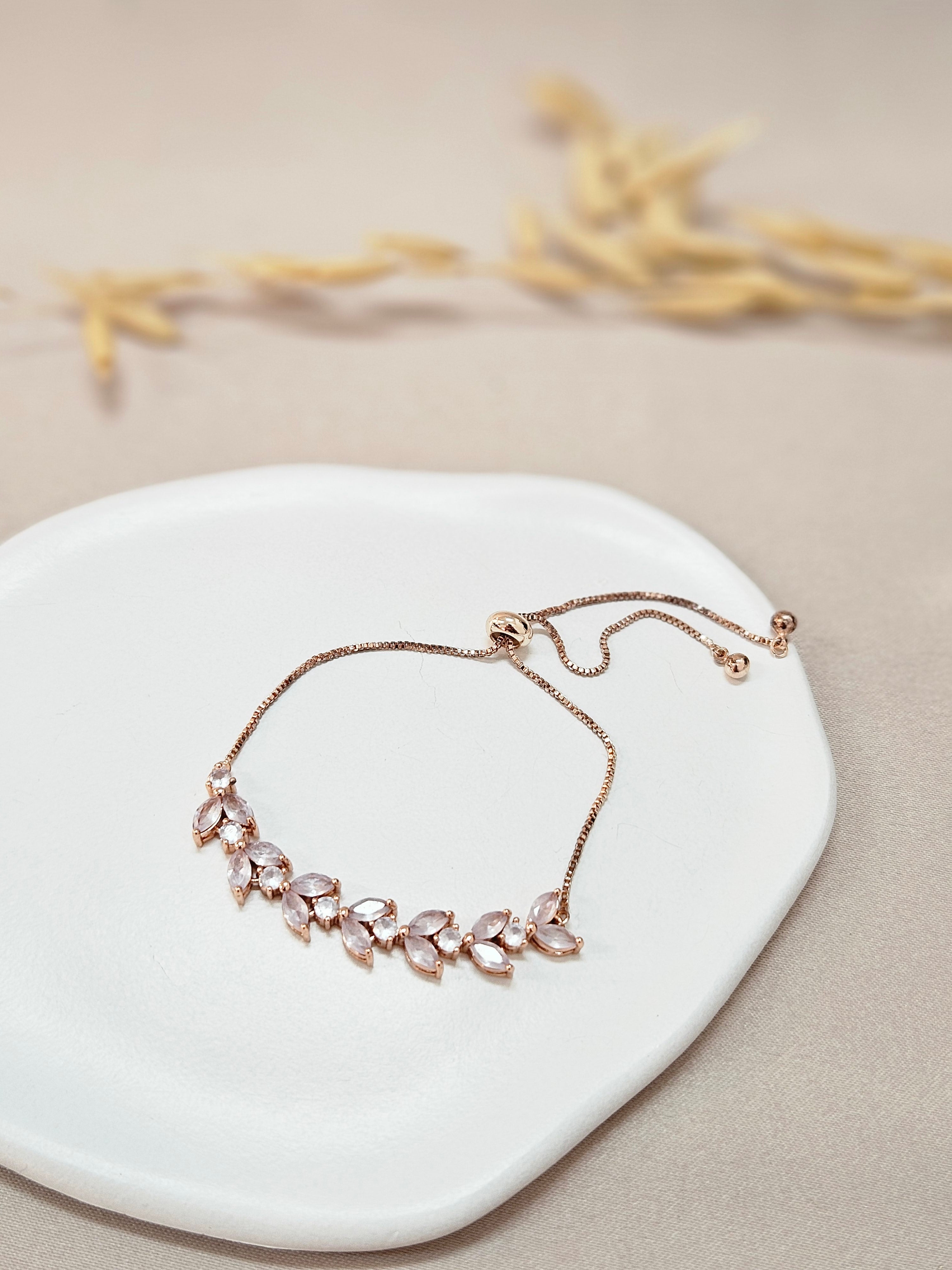 adjustable rose gold clear cubic crystal leaf shaped chain bracelet