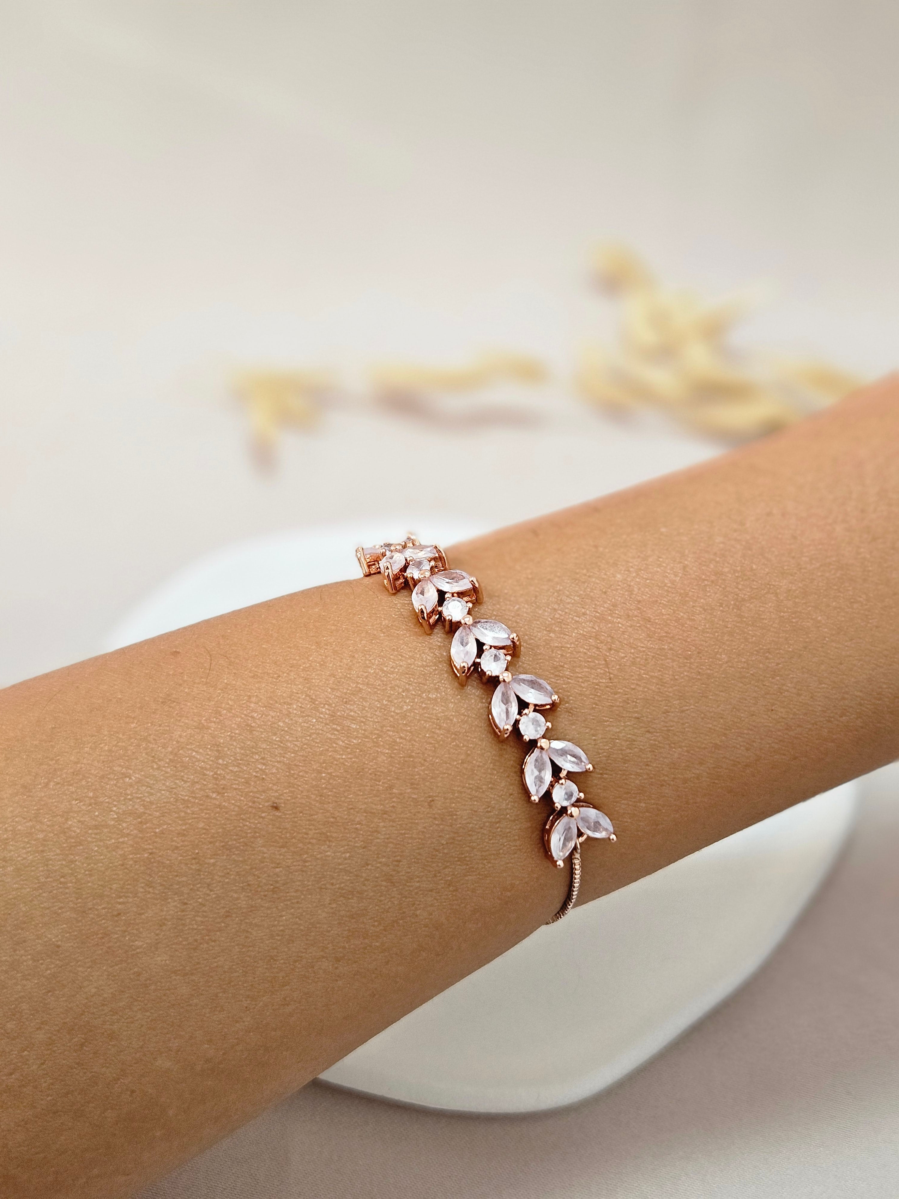 bridesmaids adjustable rosegold clear crystal leaf bracelet