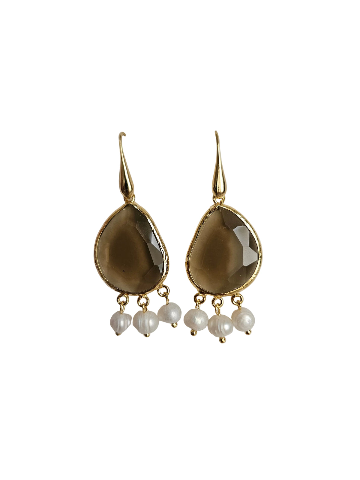 gold plated drop bwrown crystals pearl earrings