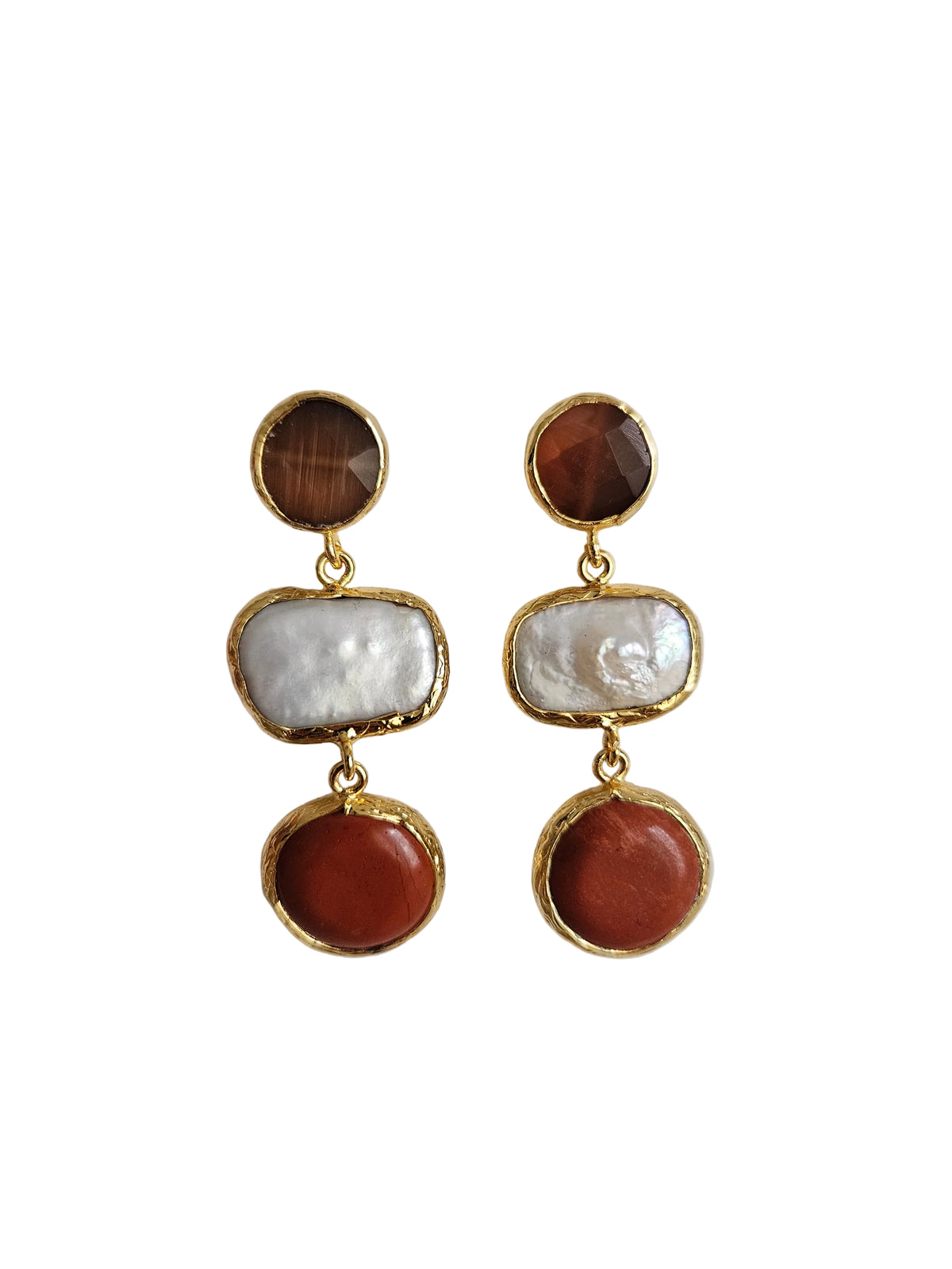 handmade gold plated brown pearl brick color earrings
