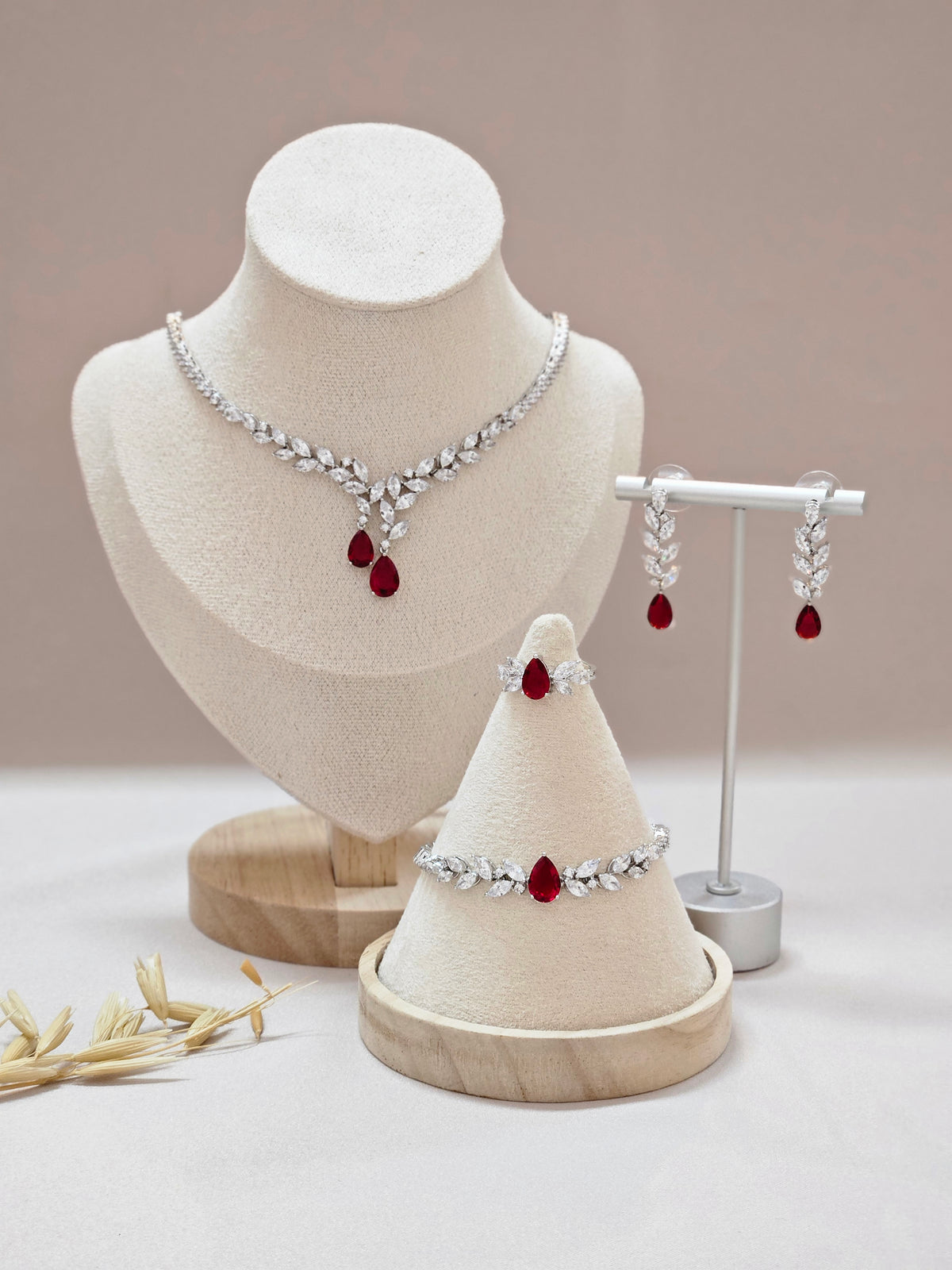 red and silver cz jewelry set, drop CZ red earrings, V-shaped red drop crystal necklace, adjsutable CZ red ring , CZ red bracelet