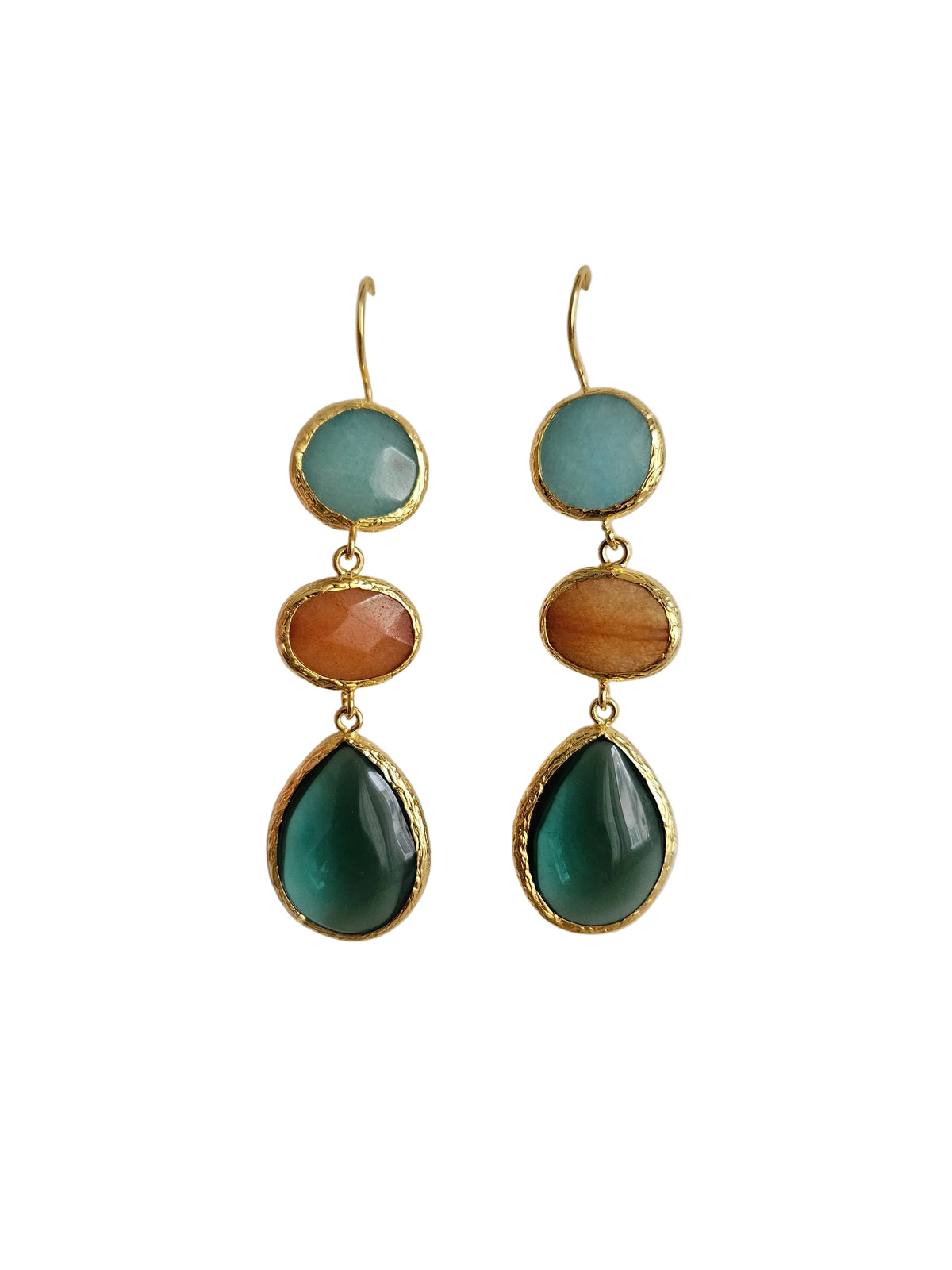 Blue emerald green orange stones handmade gold dangle dropearrings 