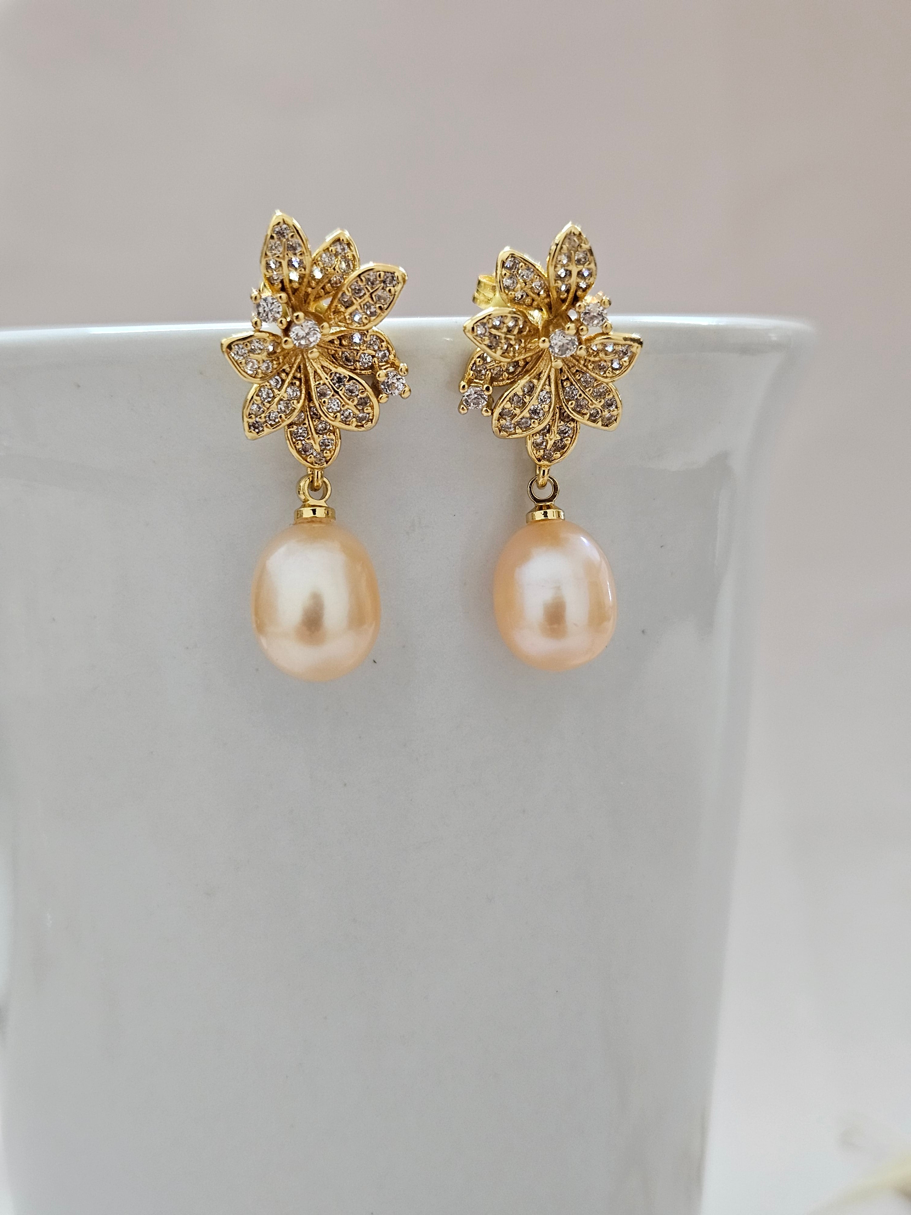 Gold Flower Pearl Drop Earrings - AEGP1