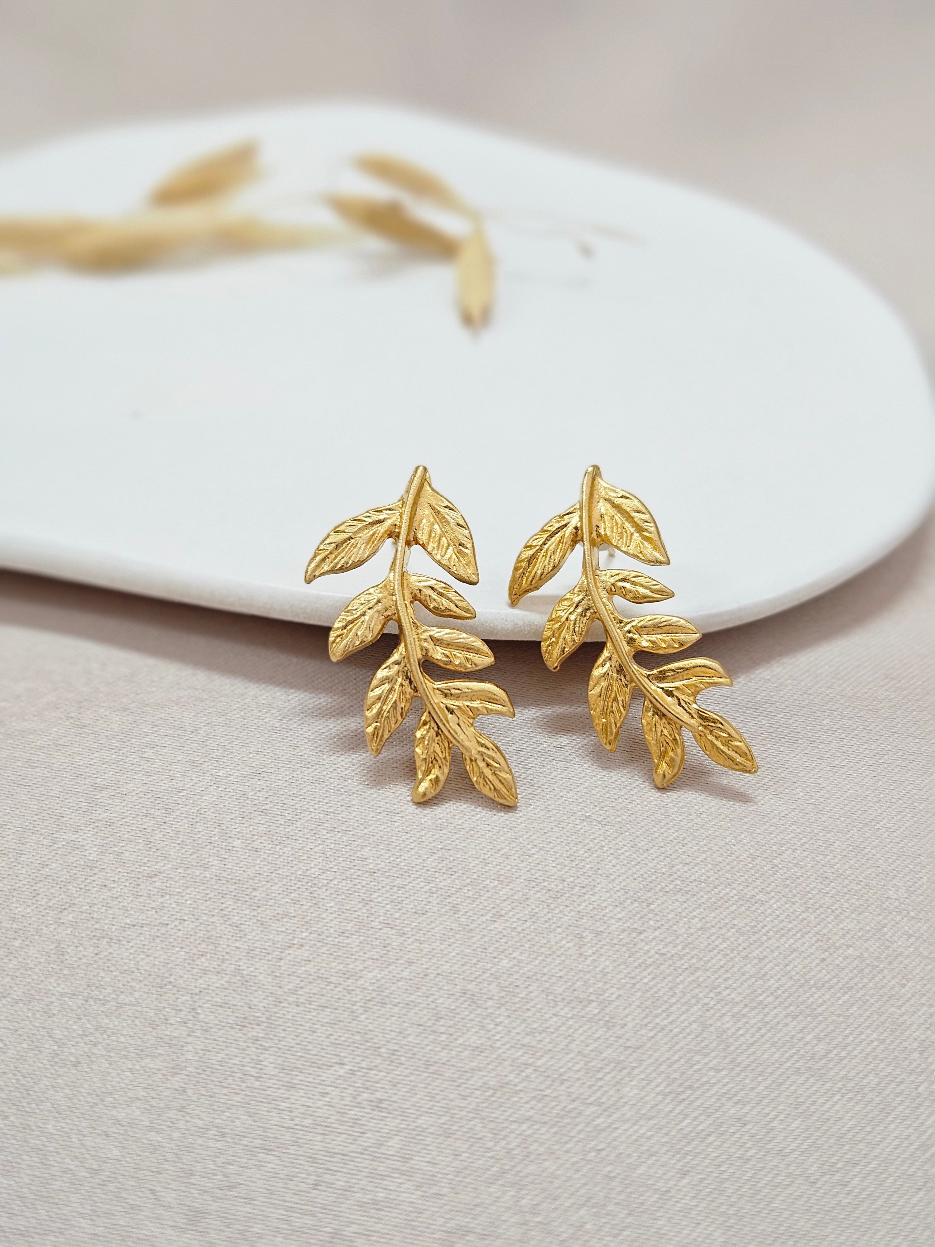 Boho Gold Leaf Stud Earrings – Greek Collection TEGL