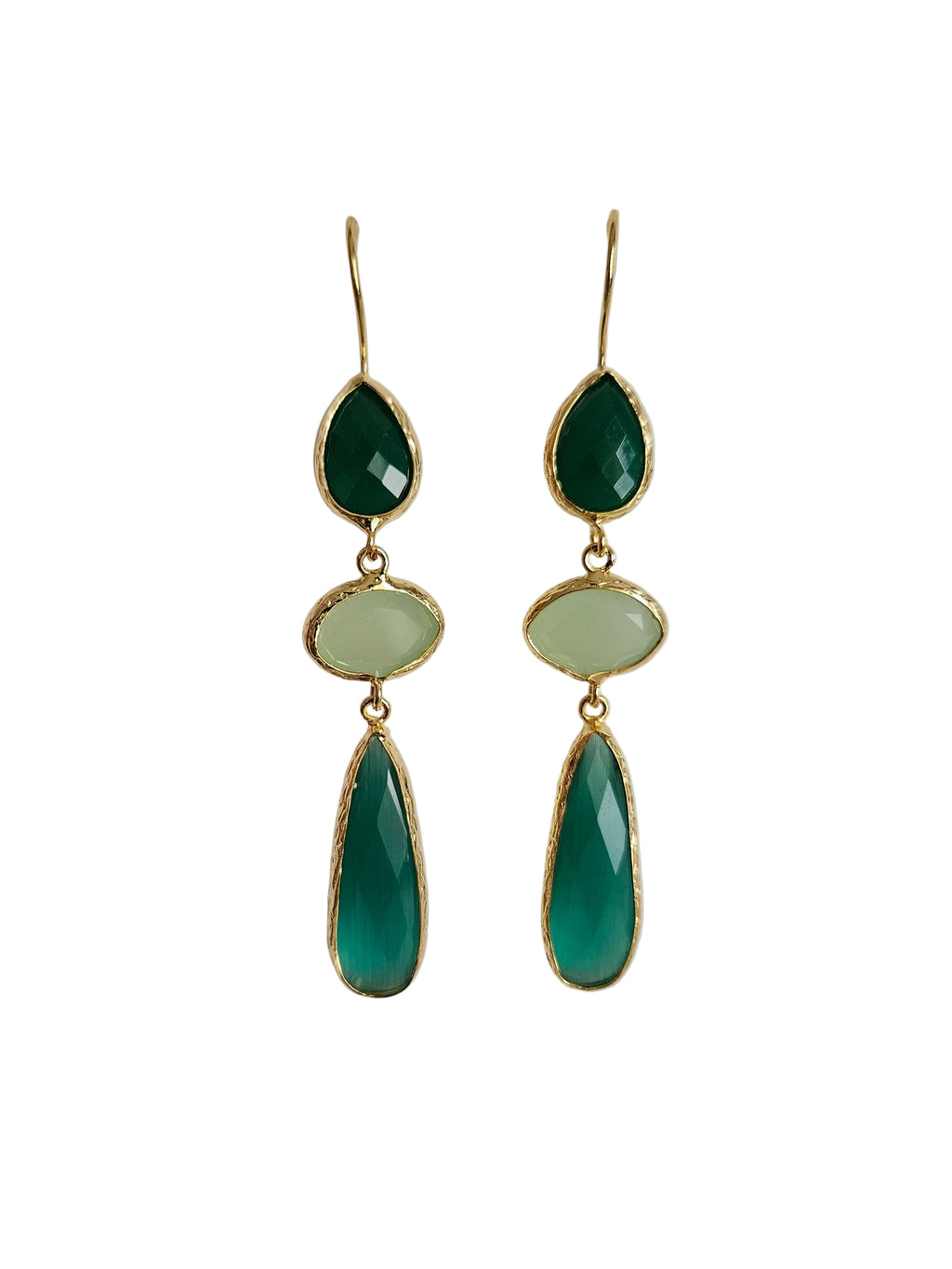 pastel green and emerald green stones drop gold earrings