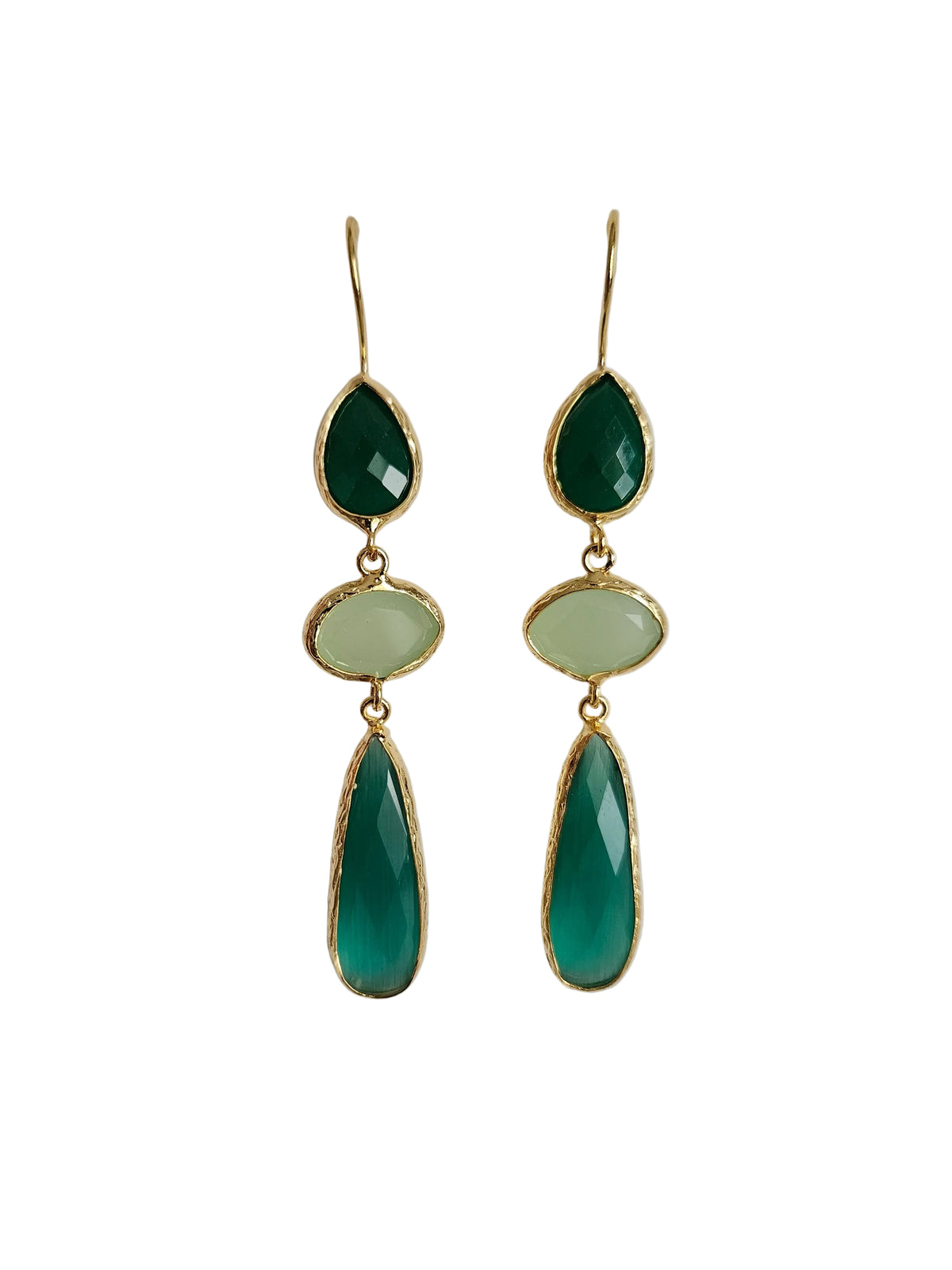 pastel green and emerald green stones drop gold earrings