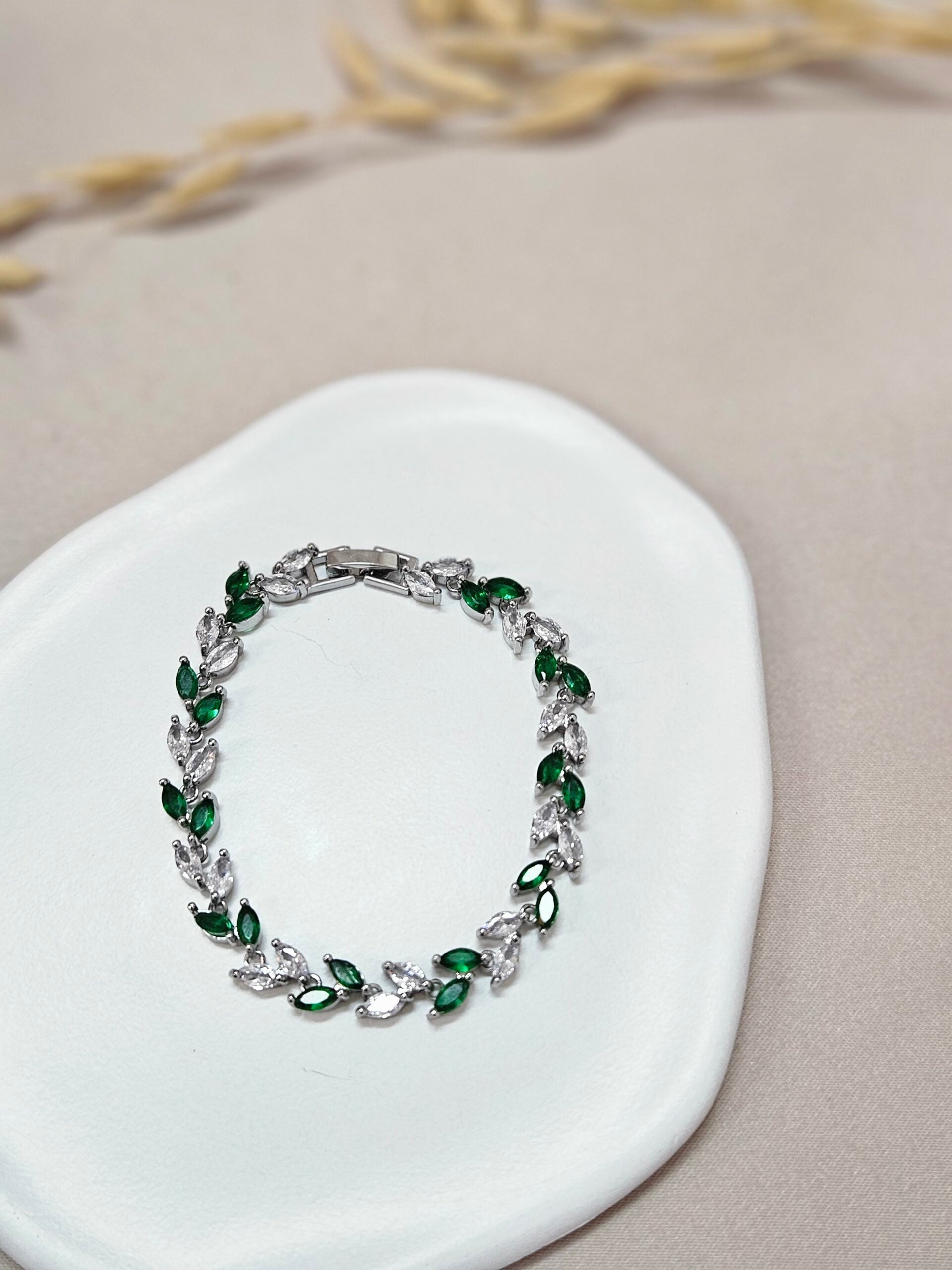 emerald green leaf cubic zirconia CZ chain bracelet 