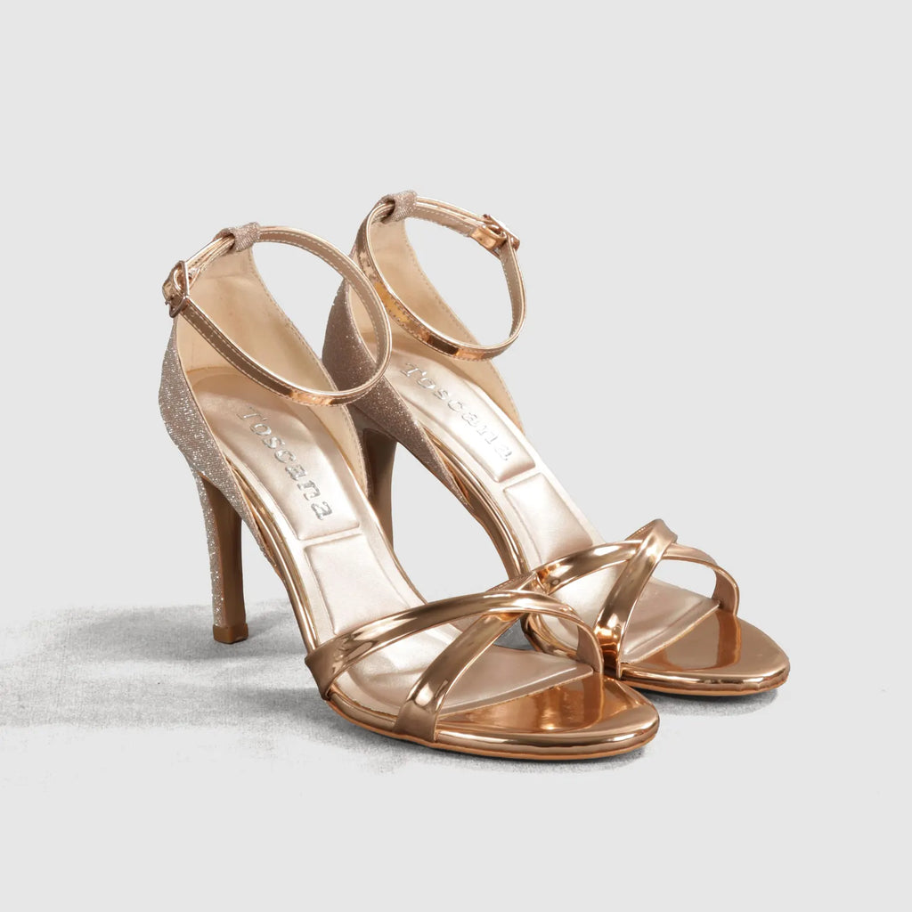 Rose Gold Metallic Glitter Back High Heel Sandals with Ankle Strap
