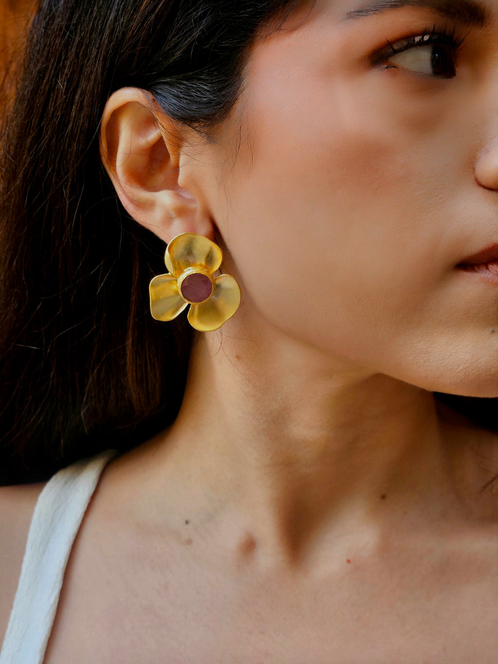 Pink Floral Gold Earrings