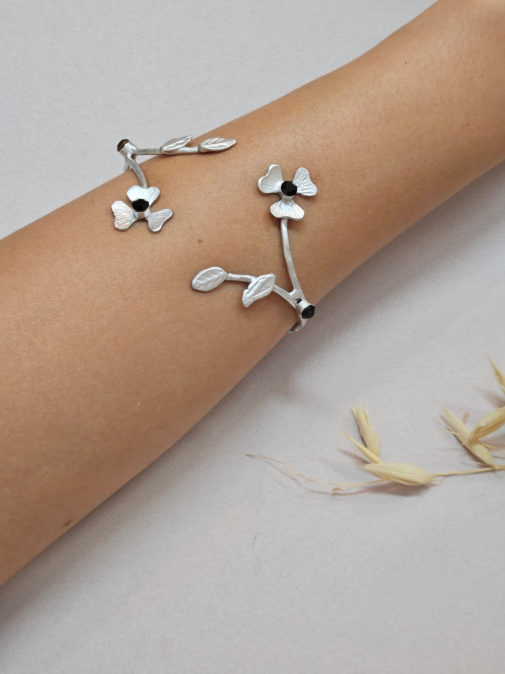 Black Floral Open Bracelet