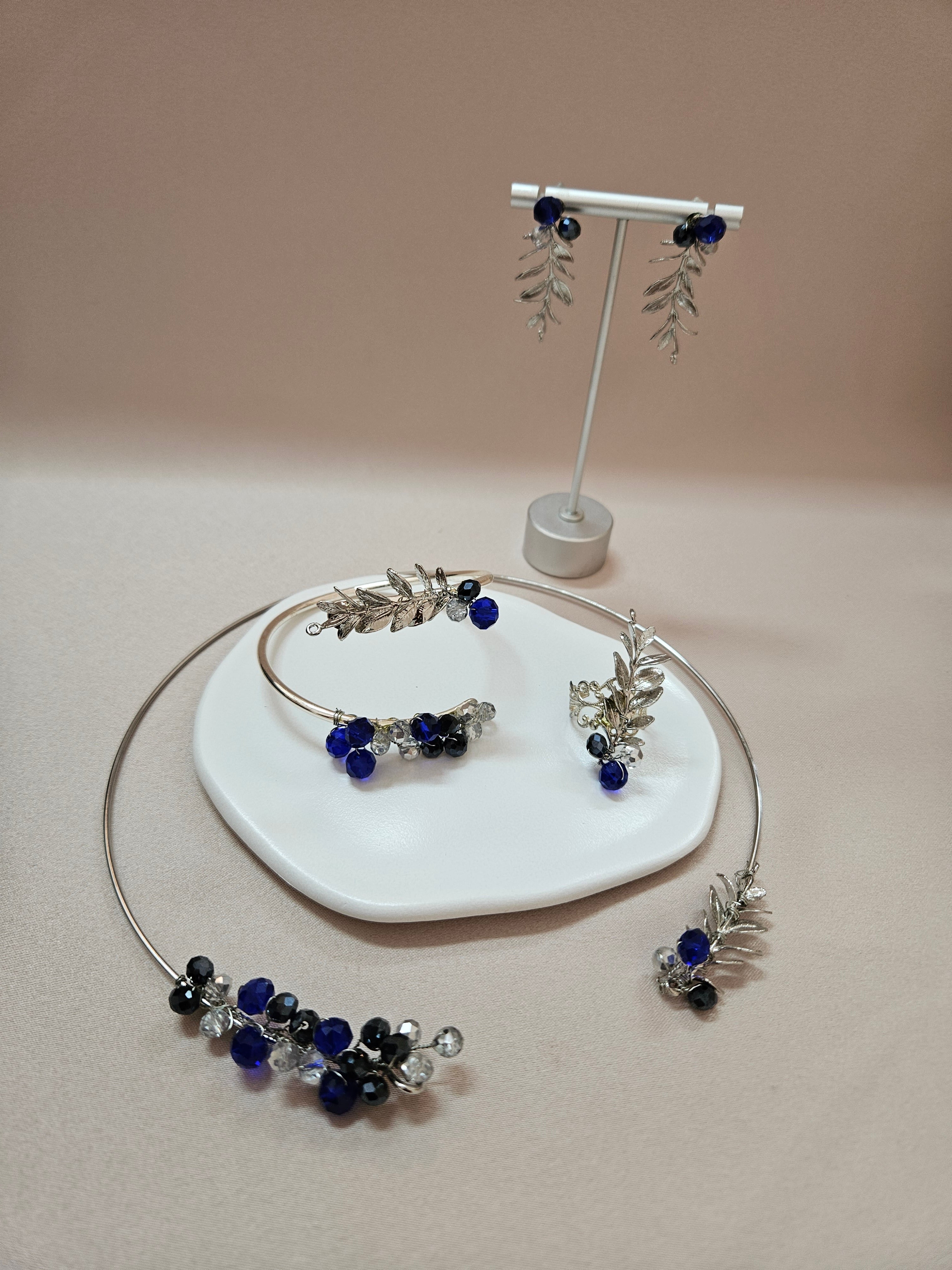 Silver Blue Beaded Jewelry Set - HNCSB