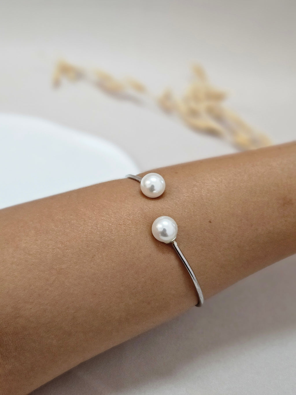 bridal two pearls open silver band bracelet for wedding and gift mothersday valentines day