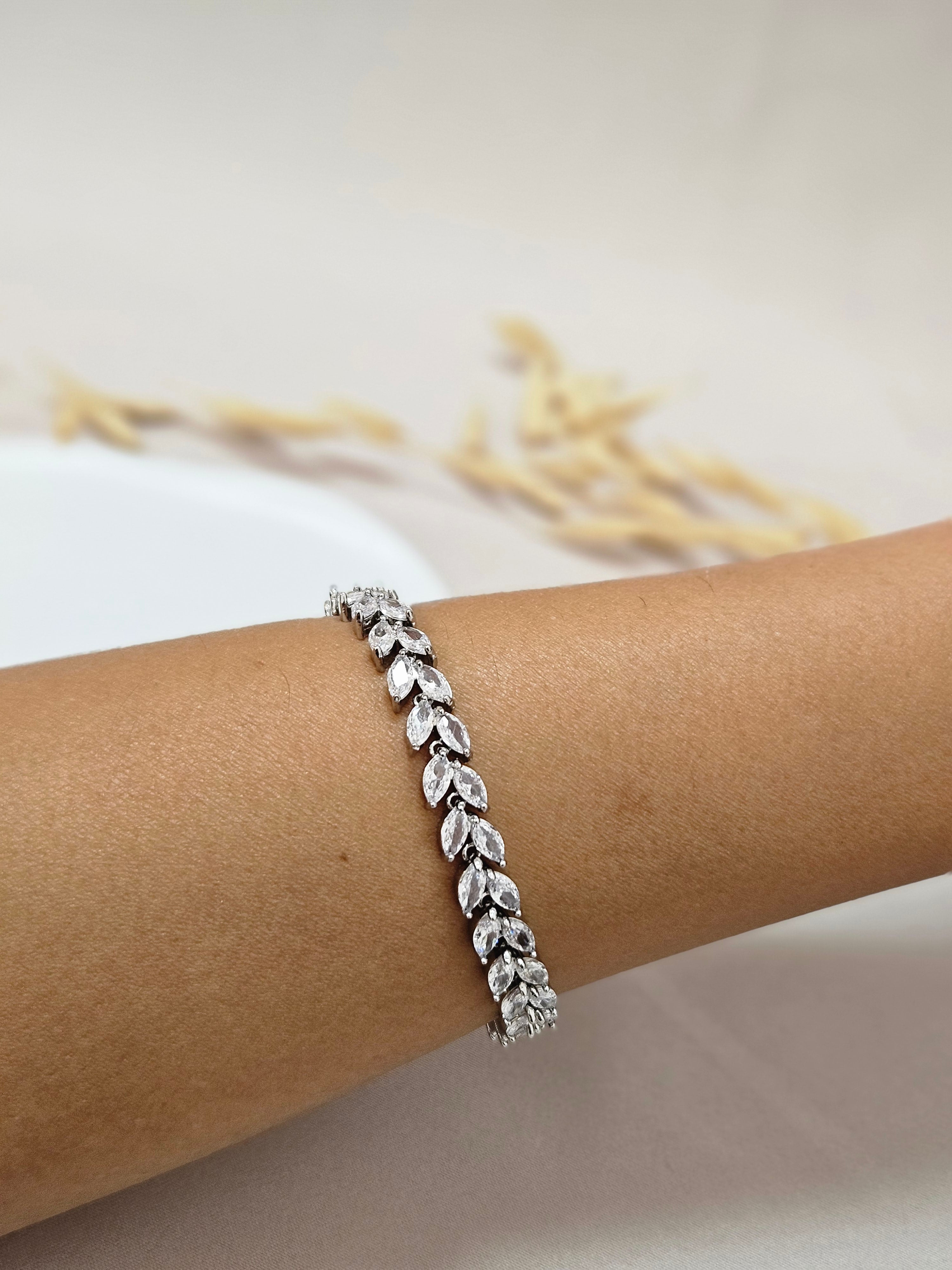 silver CZ leaf bridal chain bracelet