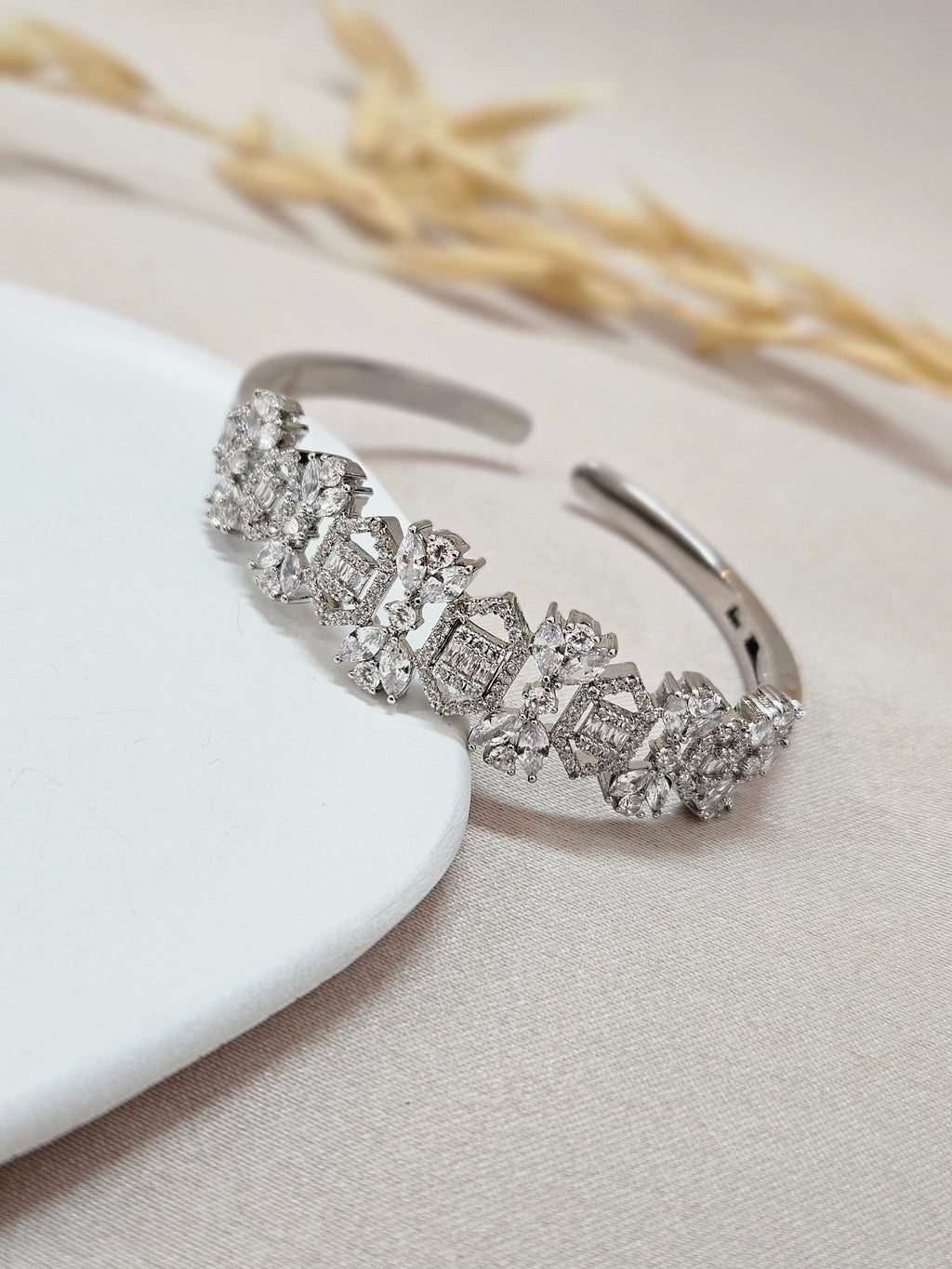 rhodium plated silver cubic zerconia bridal open cuff bracelet