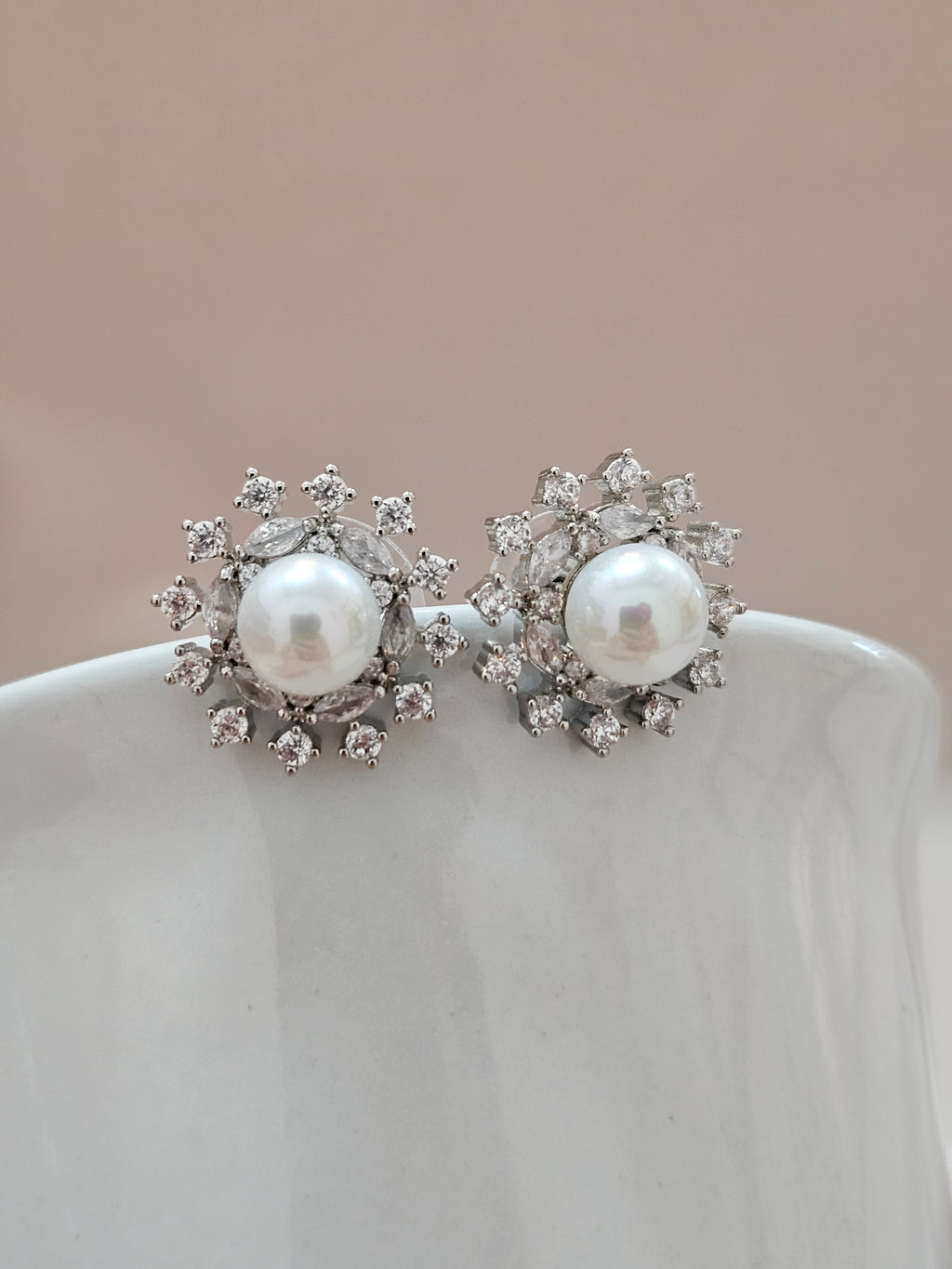 round pearl and crystal bridal stud earrings